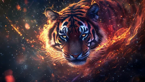 Tiger head surrounded by abstract fiery light effects.