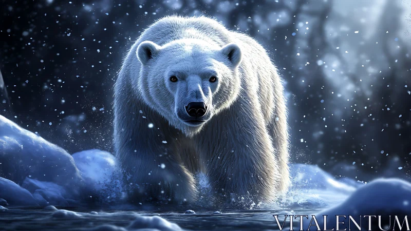 Midnight glacier guardian padding through swirling snowflakes.