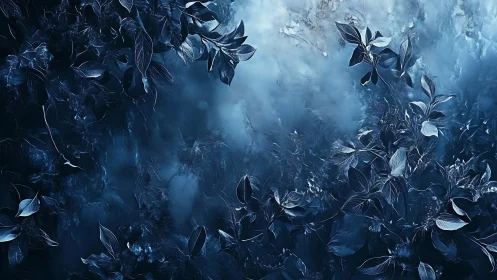 Midnight frost garden swirling through misty blue silence.