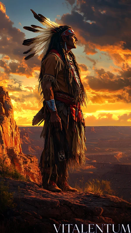 Sunlit warrior gazes across dramatic desert canyon horizon.