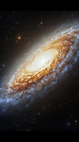 Spiral galaxy glows with dense golden core and blue arms.