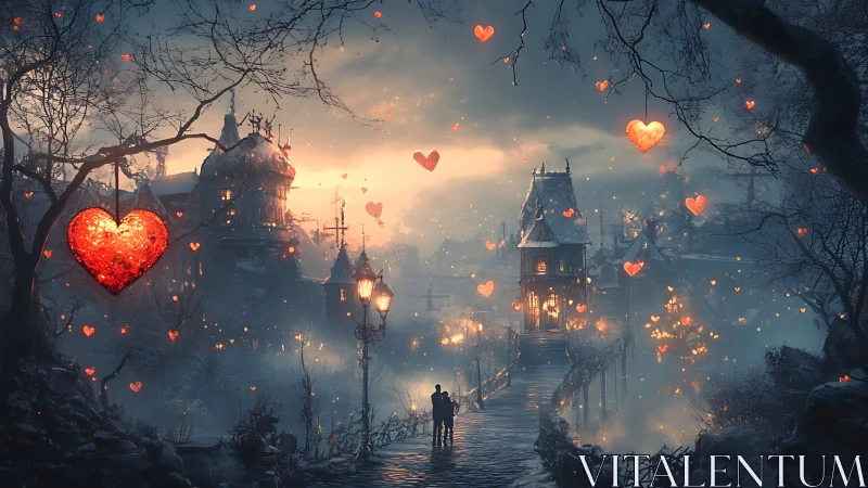 Gothic Castle in Glowing Heart Light Fantasy Scene.