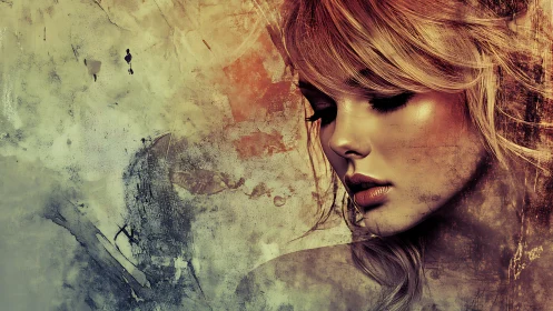 Portrait of blonde woman on textured abstract background.