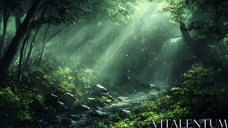 Enchanted Forest Waterfall. Mystical light pierces emerald canopy.