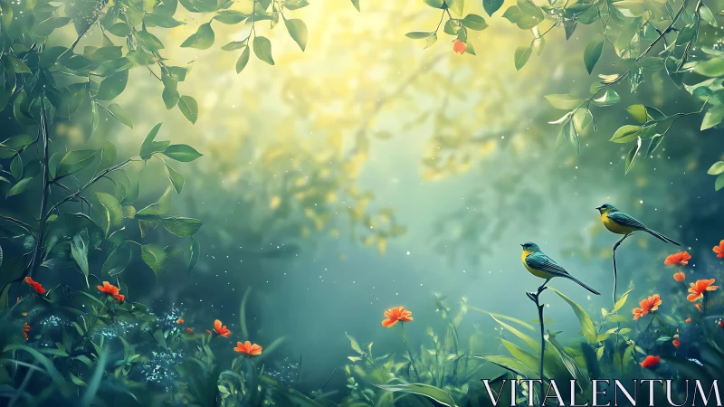 Sunlit songbirds rest in a glowing, dreamlike garden glade