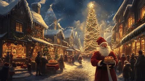 Cozy Christmas market stroll with Santa under glowing lights.