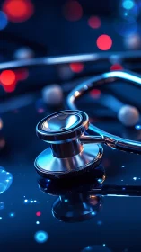 Metallic stethoscope on reflective surface under neon light.