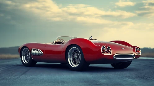 Low-angle render of red retro roadster with polished chrome trim
