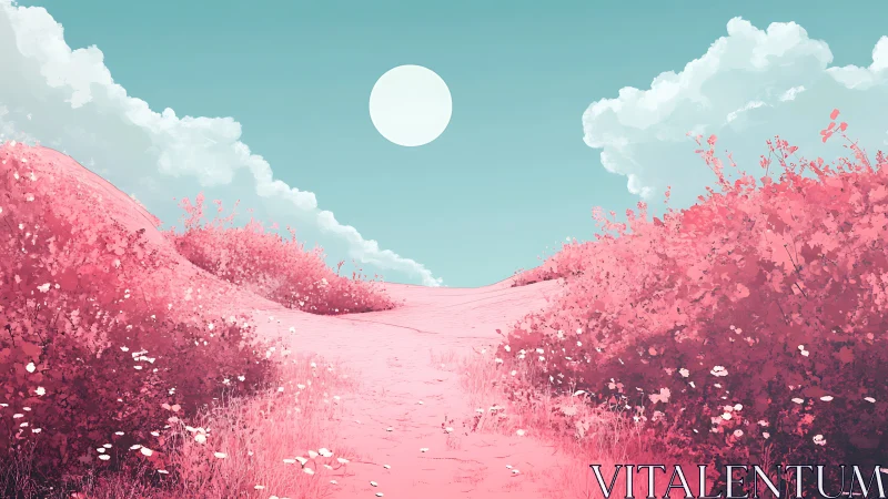 Pastel moonlit path through pink hills and wildflowers.