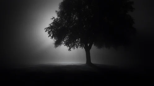 Isolated tree stands against backlit fog in monochrome field