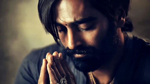 Photorealistic close portrait in contemplative prayer pose.