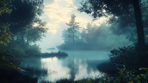Atmospheric Riverine Landscape with Dense Arboreal Canopy.