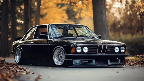 Lowered classic BMW coupe on forest road in autumn light.