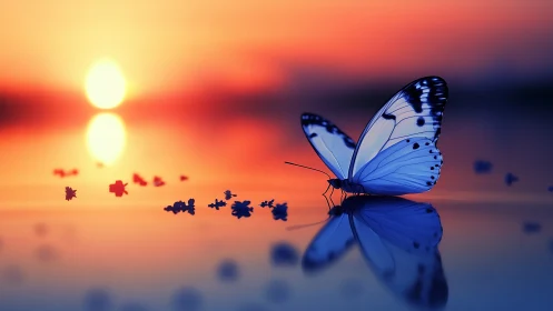 High-saturation macro study of blue butterfly on reflective surface at sunset