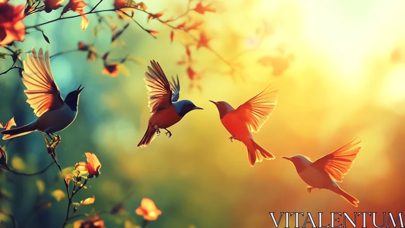 Sunlit songbirds in flight over glowing spring foliage.