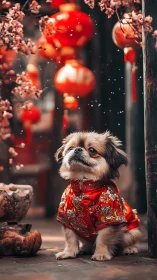 Small dog in red brocade coat under glowing lanterns.