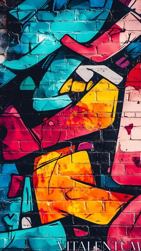 Angular neon graffiti abstractions energize textured brick wall