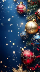 Christmas baubles on blue background with tree branches.