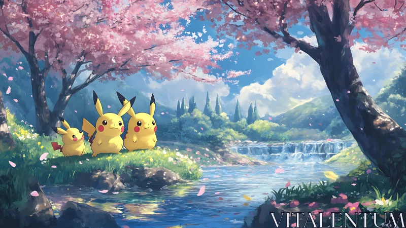 Pikachu family rests by a tranquil cherry blossom river