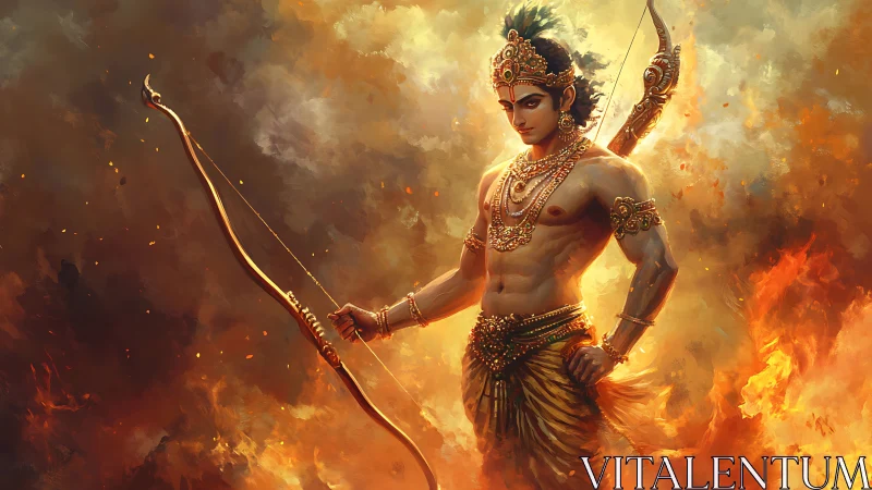 Warrior archer stands amid swirling fire and smoke