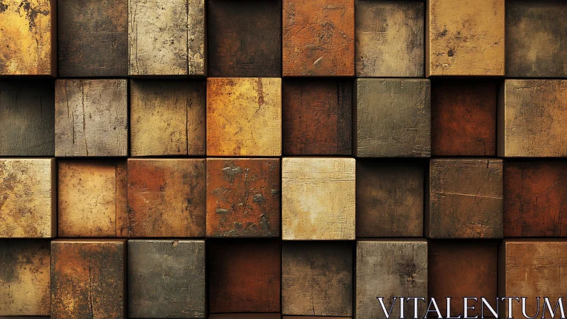 Grid of textured wooden cubes in muted earthy colors.