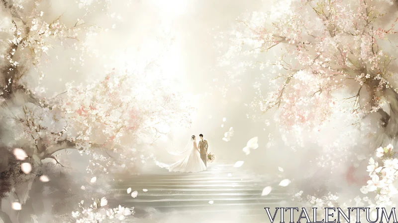 Soft springtime wedding couple walks through blooming light