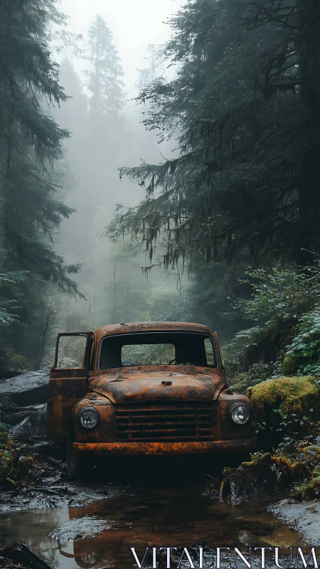 Rusting pickup truck decays in mist-laden conifer forest corridor