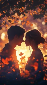Silhouettes Beneath Autumn Foliage. Romantic Golden Hour Profile.