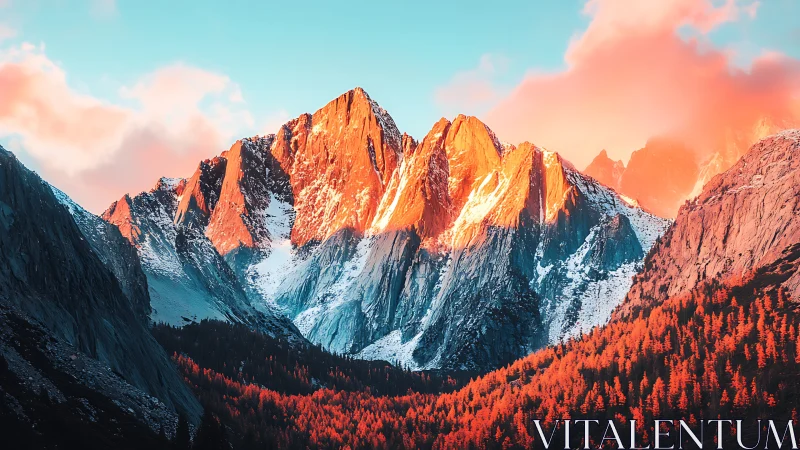 Sunlit alpine peaks blaze above vivid autumn forest.