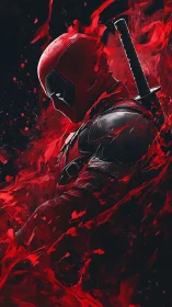 Red masked antihero drifting through swirling comic flames.