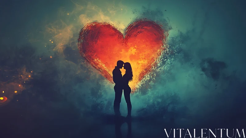 Two figures kissing silhouetted before illuminated heart shape