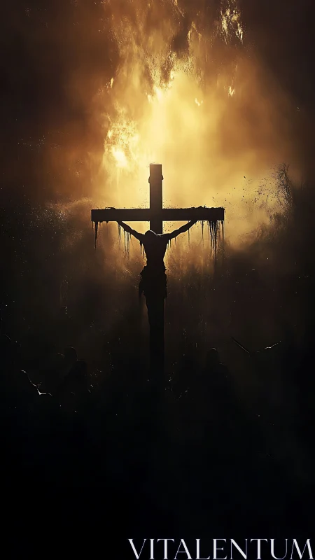 Backlit crucifix silhouette against dense atmospheric fire halo