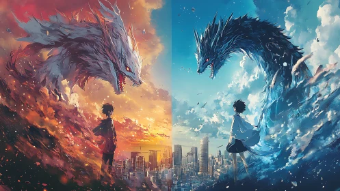Elemental draconic titans mirroring youth above bifurcated city.