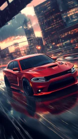 Red performance sedan drives through wet neon city street