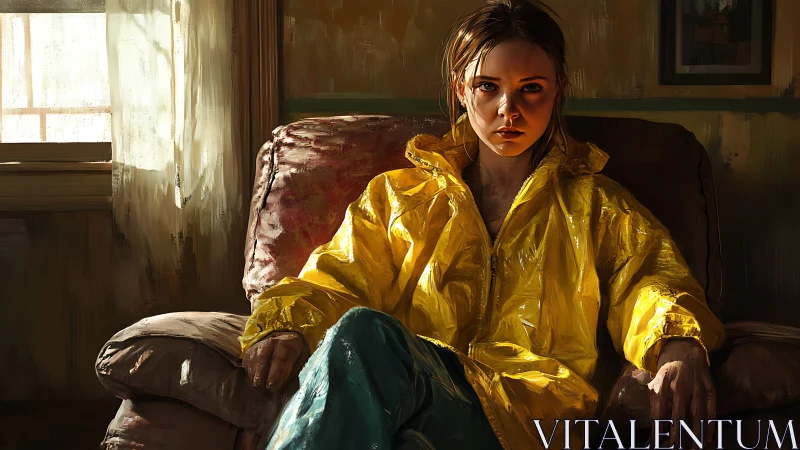 Pensive girl in yellow raincoat under dramatic window light.