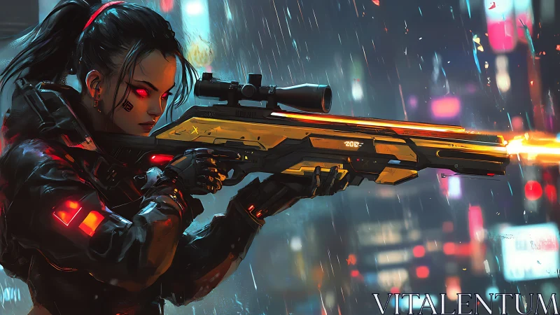 Cyberpunk sniper with neon rifle in rain soaked cityscape.