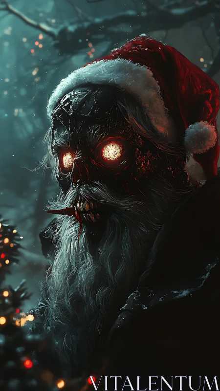 Demonic cybernetic Santa stalks snowy forest at night