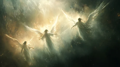 Luminous winged guardians drifting through a celestial storm.