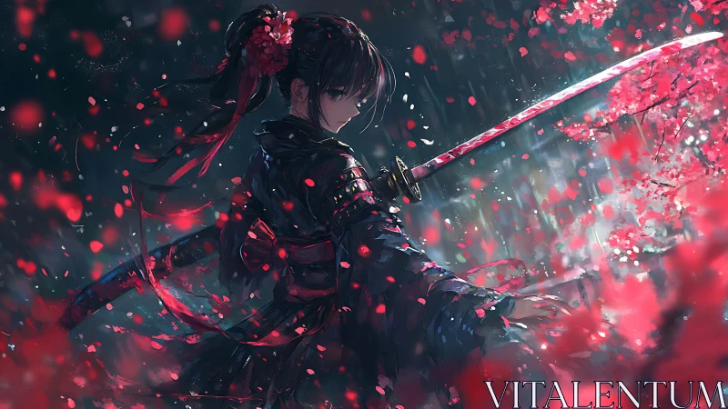 Samurai girl amid crimson petals and stormlit katana focus.