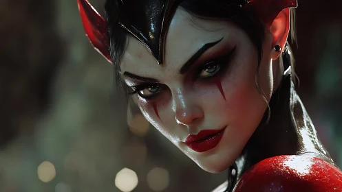 Demonic horned woman close up with intense green eyes.