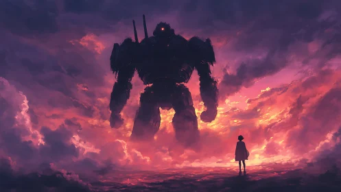 Lone figure confronts towering robot in fiery sunset sky.