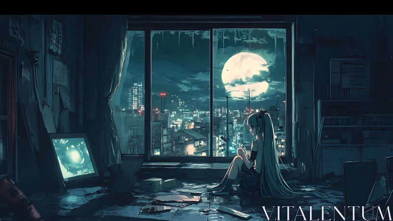 Girl in dark room watching moonlit cyberpunk cityscape.