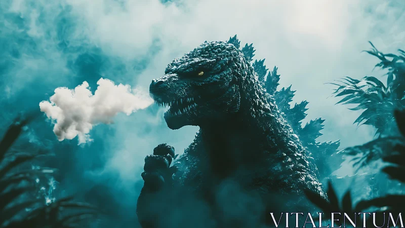 Misty jungle monster pauses, sending a playful cloud breath.