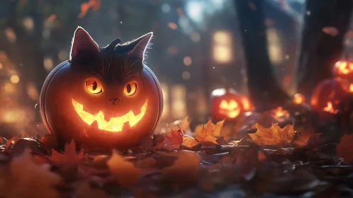 Illuminated cat-shaped jack-o-lantern among autumn leaves.