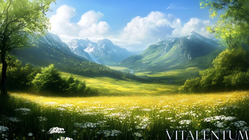 Layered alpine valley rendered with atmospheric depth cues and bloom