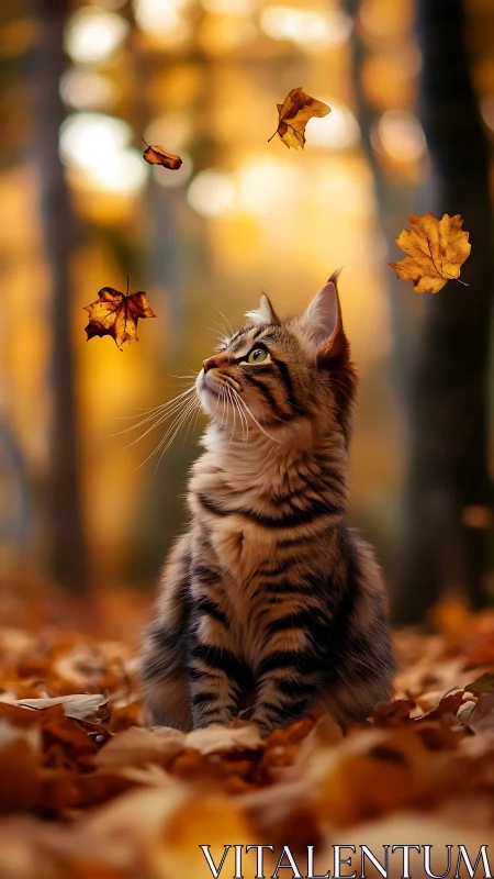 Kitten's Autumn Daydream Among Falling Leaves.