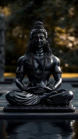 Serene black Shiva statue resting by reflective waters.