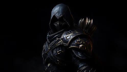Hooded nocturnal archer in ornate tactical armor portrait.