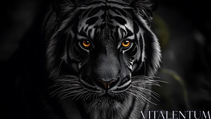 Close frontal rendering shows tiger head in low key lighting