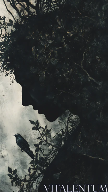 Silhouetted arboreal profile merges with perched bird in chiaroscuro
